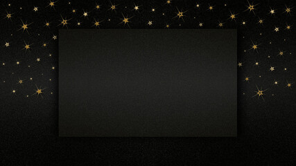 merry christmas concept, black blank ticket isolated on sparkle texture background with golden...