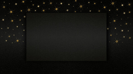 merry christmas concept, black blank ticket isolated on sparkle texture background with golden shiny stars, greeting card ticket top view, template, banner or label for wishes and shopping
