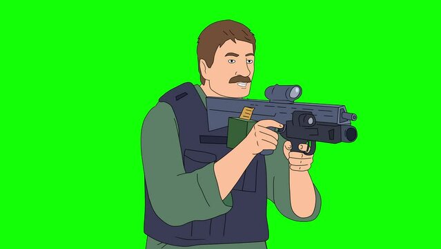 Man shooting from machine gun. 2d loop animation on green screen.