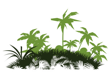 Meadow and palm trees. Jungle rainforest. Nature green landscape silhouette. Dense tropical thickets. Isolated on white background. Vector.