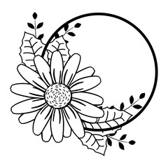 Frame with large abstract flower of sunflower, chamomile. Farmhouse monogram template. Floral border for tag, name logo. Doodle drawing of flower with leaves and circle. Round simple wreath design