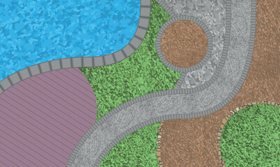 Landscaping in the garden with a path and a swimming pool. Top view. Modern contemporary luxurious garden design. View from above.