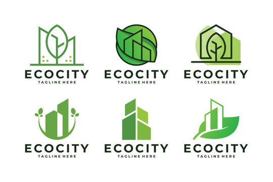 Set of Green city logo. Environmentally friendly residential logo design concept.