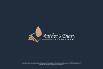 Notes book and quill pen logo design. Feather pen logo template.