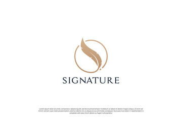 Golden quill signature logo design. Feather pen logo template.