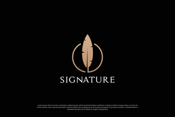Golden quill signature logo design. Feather pen logo template.
