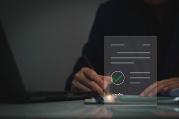 Electronic signature business concept. Manager is electronic sign an agreement, business investment approved, executing plan, project approved. digital signature. electronic document, digital business
