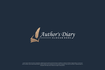 Notes book and quill pen logo design. Feather pen logo template.