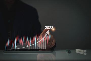 Digital marketing 2023 goals. Businessman analyzing internet marketing online, 2023 business...