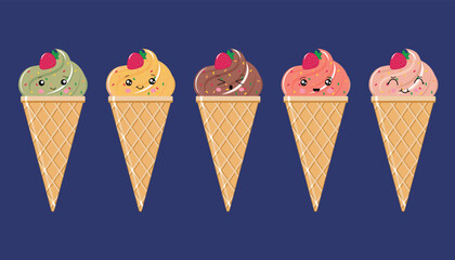 A set of ice cream in the style of Kawaii, a set of cute emoji icons. Hand-drawn emotional cartoon characters, funny positive emotions. Vector illustration isolated on a purple background.