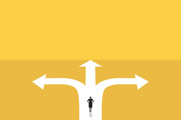 business woman stand in front of a crossroad with road split in three different ways as arrows. Business decision making, career path, work direction or choose the right way to success concept. - obrazy, fototapety, plakaty