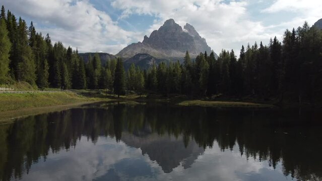 Antorno Lake and Tre Cime di Lavaredo Peaks Reflection in Italian Dolomites