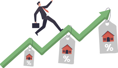 Housing price rising up businessman running on rising green graph on house price tag or house roof. real estate or property growth concept. illustration png