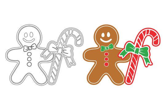 simple christmas coloring book. Gingerbread figurine with candy cane. Coloring book page for kids, cartoon illustration. A set of colored and black and white contours.