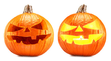 Carved pumpkins for Halloween jack-o'-lanterns with scary smiles and one with  burning candle inside isolated on white background.