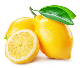 Ripe lemon fruits with leaf isolated on white background.
