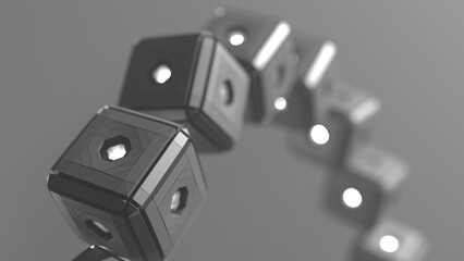 3D grayscale rendering of mechanical cubes arranged in an arch. A hyper-realistic abstraction image.