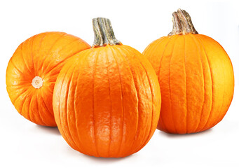 Three orange round pumpkins, symbol of Halloween isolated on white background.