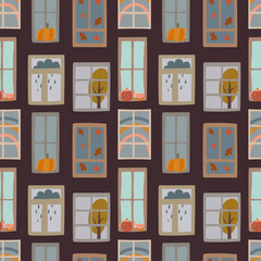 cartoon window seamless pattern, diffrenet windows repeat print, autumn window endless background, Cartoon building illustration