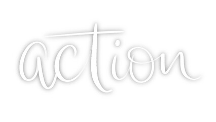ACTION white brush lettering banner with drop shadow on transparent background
