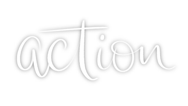 ACTION white brush lettering banner with drop shadow on transparent background