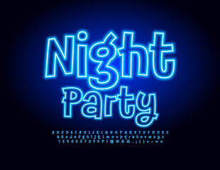 Vector neon banner Night Party. Blue funny  Font. Unique Glowing Alphabet Letters, Numbers and Symbols