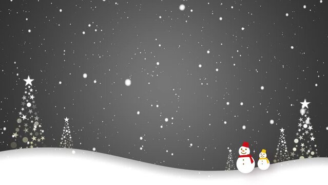 雪が舞う中を雪だるまたちが歩く映像に、メリークリスマスの文字が浮かび上がる（ループ映像）