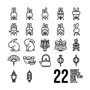 Rabbit Chinese New Year Icon Set In Line Style