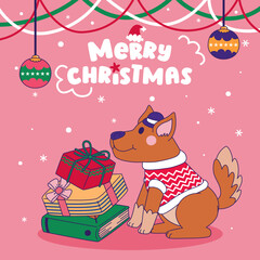 Dogs In Christmas Costumes With Gift Boxes And Home Decoration, Vector, illustration, Cartoon