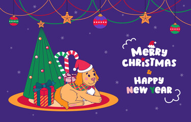Dogs In Christmas Costumes With Gift Boxes And Home Decoration, Vector, illustration, Cartoon