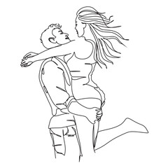 Two young people hug each other. Lovers in a hug one line. Vector illustration. One line drawing of young happy couple male and female. Romantic relationship concept. Kissing, hug, dancing together