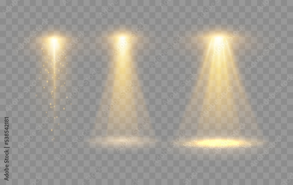 Poster spotlight isolated on transparent background. vector glowing light effect with gold rays and beams