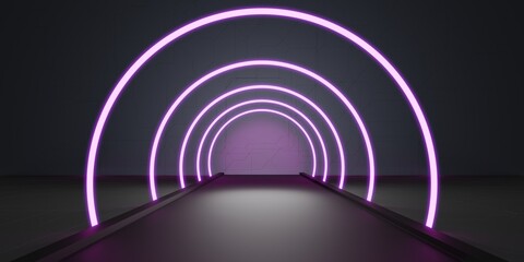 Obraz premium Abstract tunnel corridor with rays of light and new highlights Abstract background neon Scene with rays and lines Round arch light in motion night 3D illustration