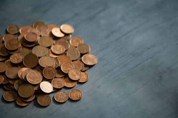Heap of euro cents coins on metal surface. Money saving concept.
