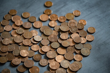 Heap of euro cents coins on metal surface. Money saving concept.