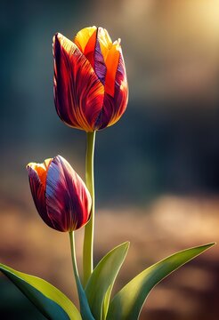 A Close Up Of Two Tulips With A Blurry Background, A Small Flower Growing Out Of Some Ground.