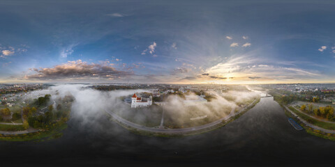 full hdri 360 panorama of earlier foggy morning and aerial view on medieval castle and promenade overlooking the old city and historic buildings near wide river in equirectangular projection