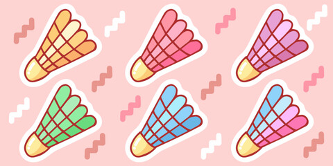 Cute hand-drawn set of shuttlecocks in doodle cartoon style. Composition in neutral candy colors. Kawaii element for card, social media banner, sticker, kids playroom decor. Vector illustration