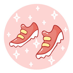 Cute hand-drawn pair of sneakers in doodle cartoon style. Round composition in neutral candy colors. Kawaii element for card, social media banner, sticker, decoration kids playroom. Vector