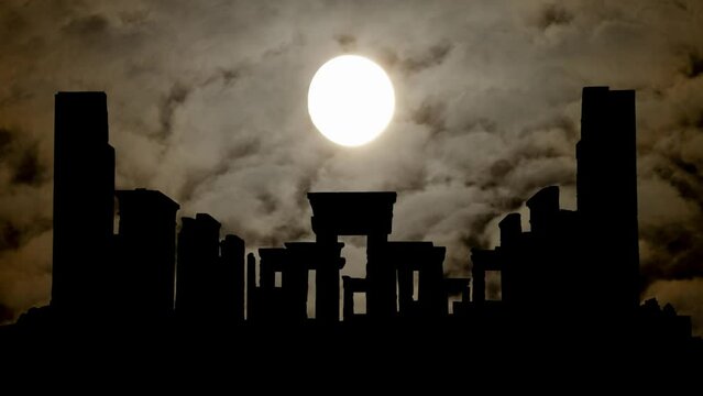 Persepolis: Time Lapse By Night with Dark Atmosphere, Fog, Smoke Full Moon, and Dark Silhouette of Tachara Ruins, Iran