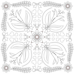 Square frame ornament with flowers, leaves, hearts.  Coloring book page. Vector illustration