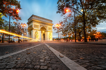 The Arc de Triomphe on a cloudy autumn day in Paris, France, long exposure with extending light...