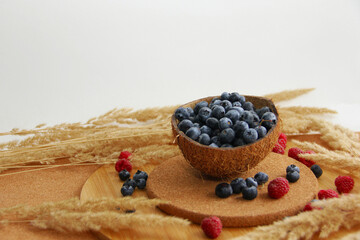 blueberry. blueberries in coconut peel on a wooden table