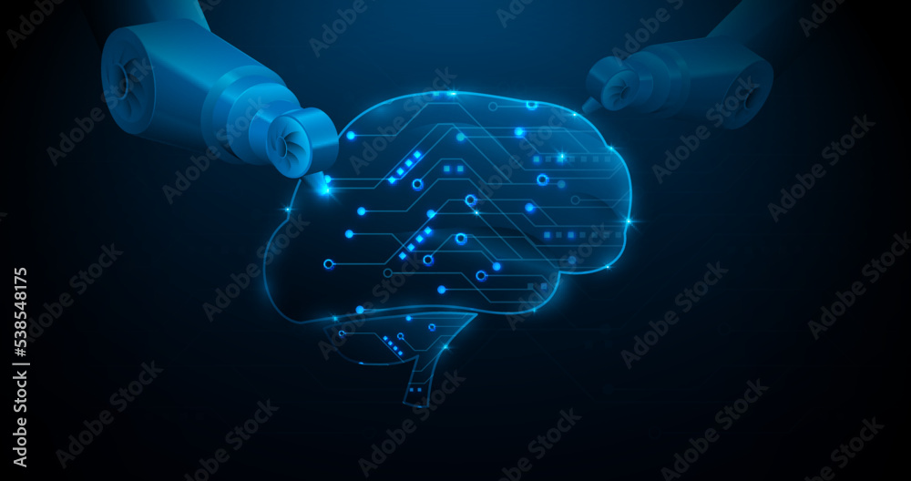 Aufkleber artificial intelligence concept. brain with robotic arms. futuristic industry technology. smart indu