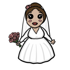Brown hair cute bride in wedding dress with a bouquet doodle vector illustration. Hand drawn wedding artwork, design for a wedding cards, invitations, backgrounds, wallpapers, map.