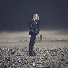 Businessman in a dry polluted land