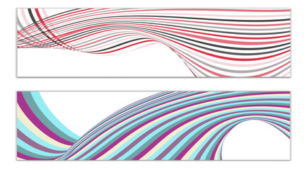 Wavy lines or ribbons. Set of 2 covers. Multicolored striped. Creative unusual background with abstract wave lines for creating a trendy banner, poster. vector eps