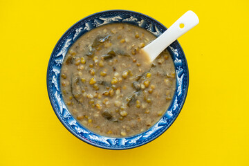 top view fresh mung bean paste syrup with kelp and orange peel