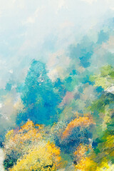 Fototapeta na wymiar Digital painting of autumn tree with yellow leaves