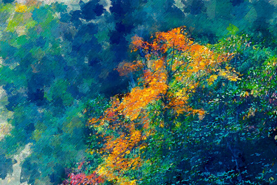 Digital painting of autumn trees with yellow leaves